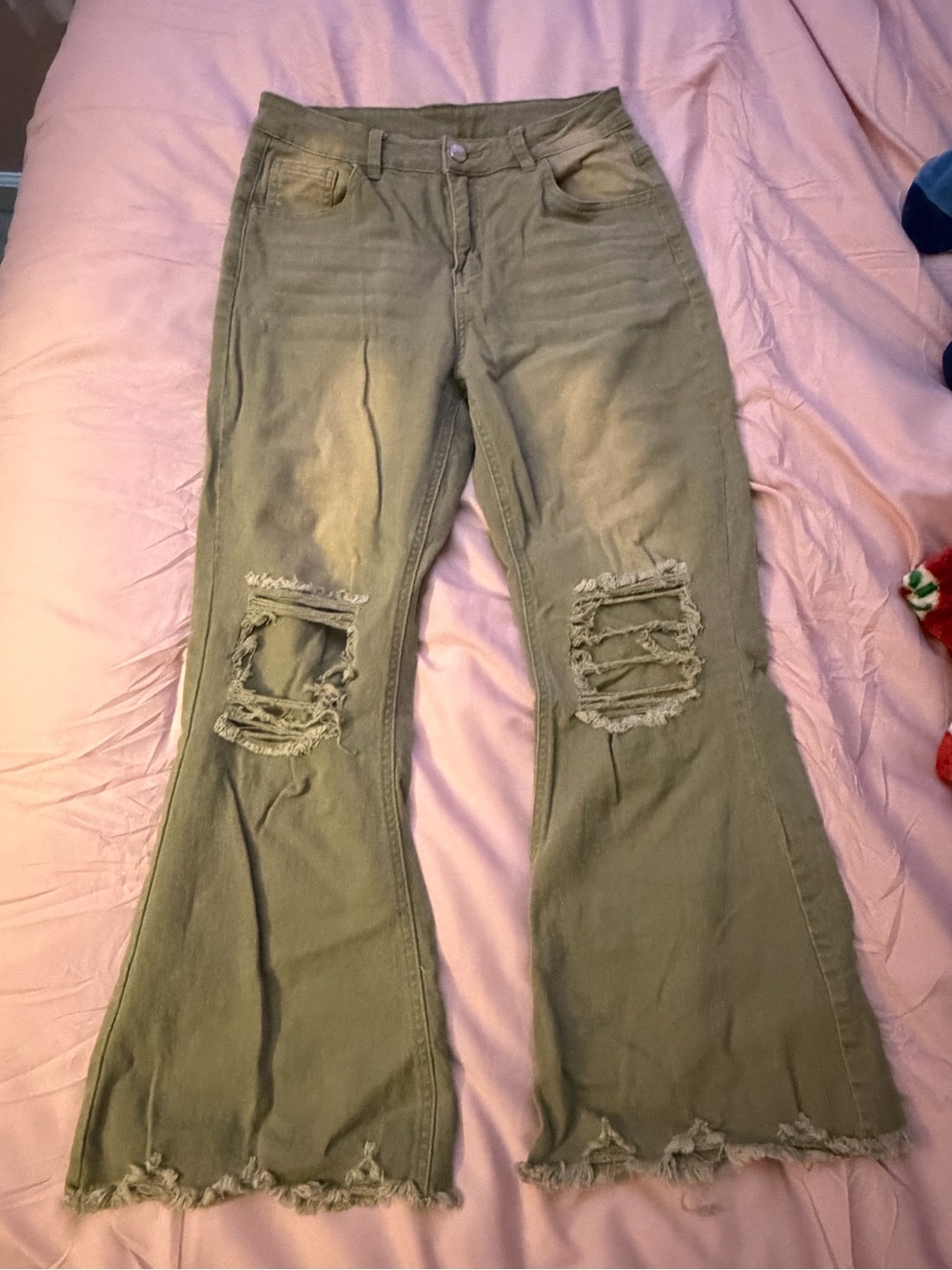 Distressed Olive Green Flare Jeans for Women